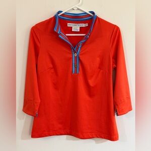 Gretchen Scott Women’s XS Top Mock Neck Orange with Blue Trim 3/4 Sleeves EUC